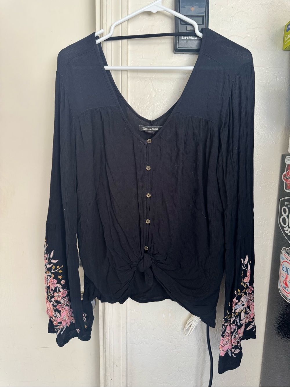 Billabong Black Button-Front Long Sleeve Top with Pink Floral Sleeves